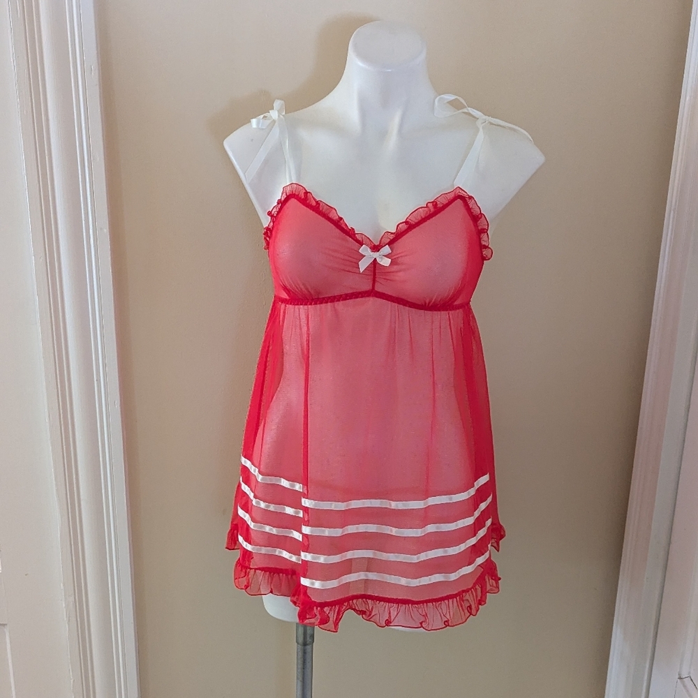 Victoria Secret red with white stripes sheer ruffle babydoll lingerie size M